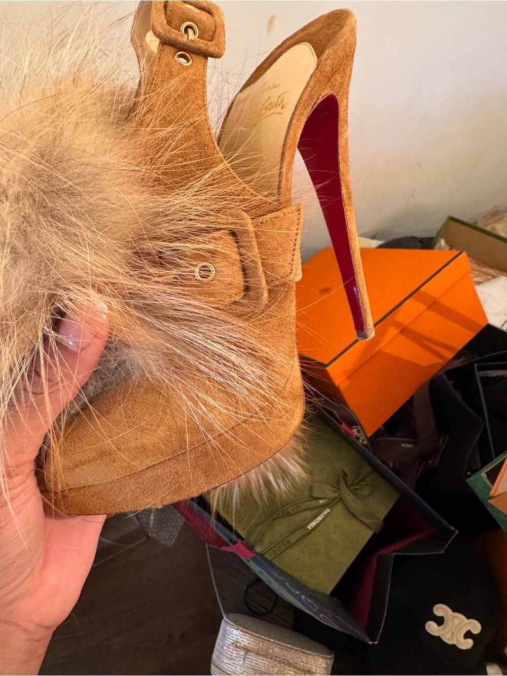 Splash Fur Christian Louboutin Suede Pom-Pom Platform Sandals - Picture 4 of 8